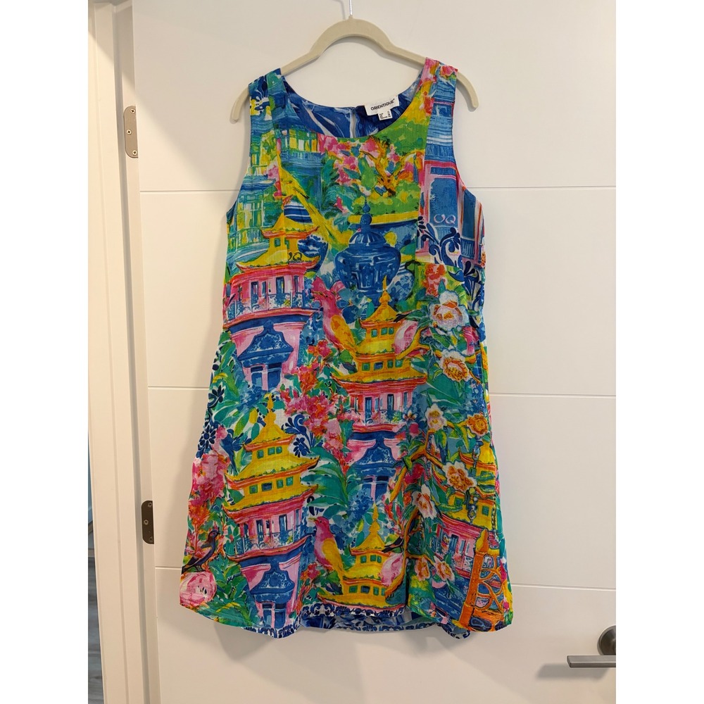 Orientique Womens Organic Cotton Pagoda Print Shift Dress Sleeveless Multi XS